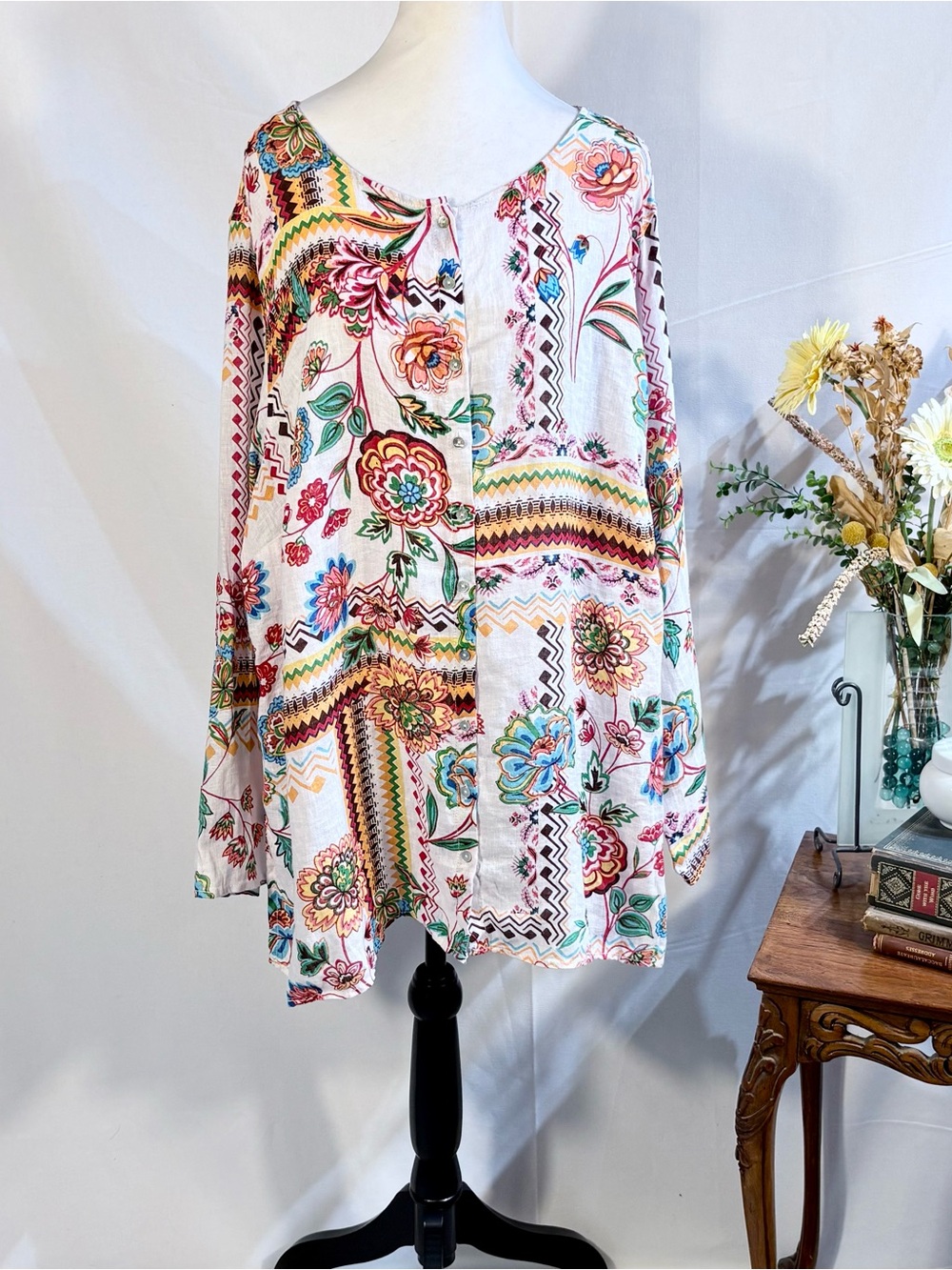 H Halston 100% Linen Floral Boho Button Front Roll Tab Sleeve Tunic Top 3X💚 - Picture 10 of 10